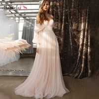romantic appliques ruched robes for bride 2020 semi sweetheart lantern sleeves gowns sweet light pink boho dress