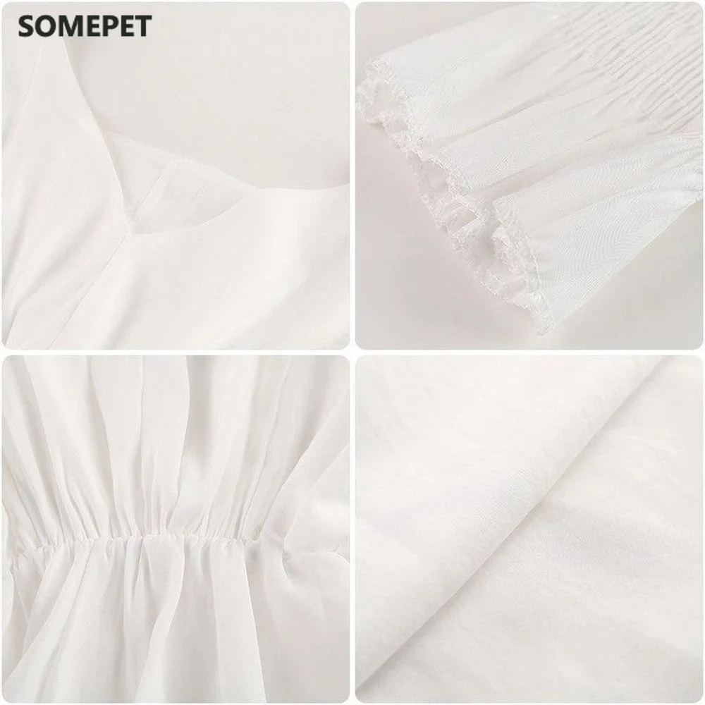 

Blouses Women Pure Abdomen Large Size Leisure Elegant All-match College Ruffles Design Batwing Sleeve Ins Fashion V-Neck Shirts