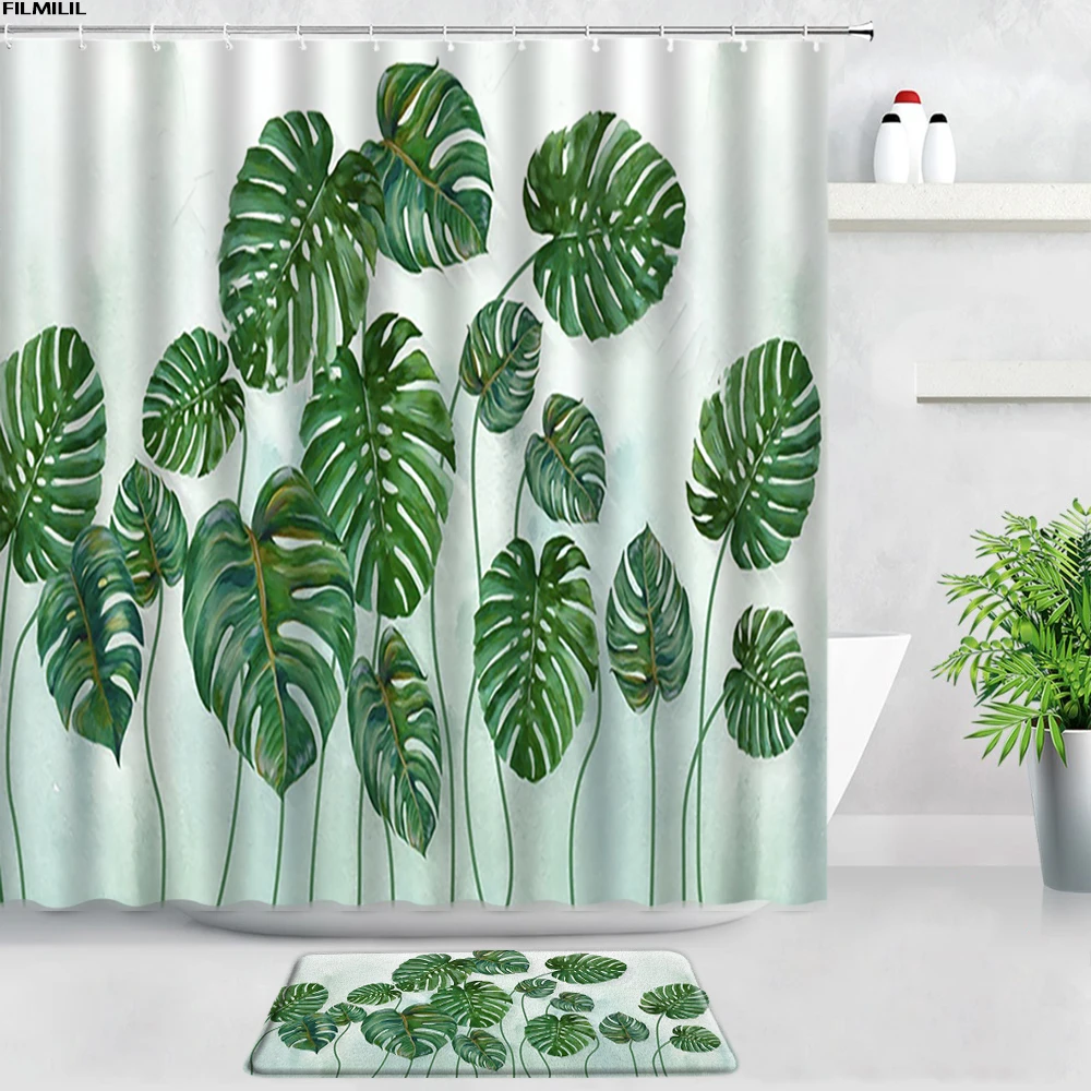 

Green Monstera Shower Curtains Bath Mats Set Tropical Plant Leaves Palm Leaf Home Decor Bathroom Rug WC Non-slip Carpet Door Pad