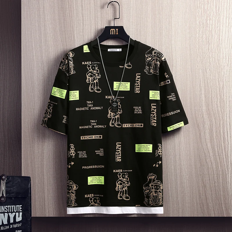 

HENCHIRY Men's Summer New Leisure Short Sleeve T-shirt Simple Street Style Pure Cotton Stitching Split Loose Pullover Trend Top