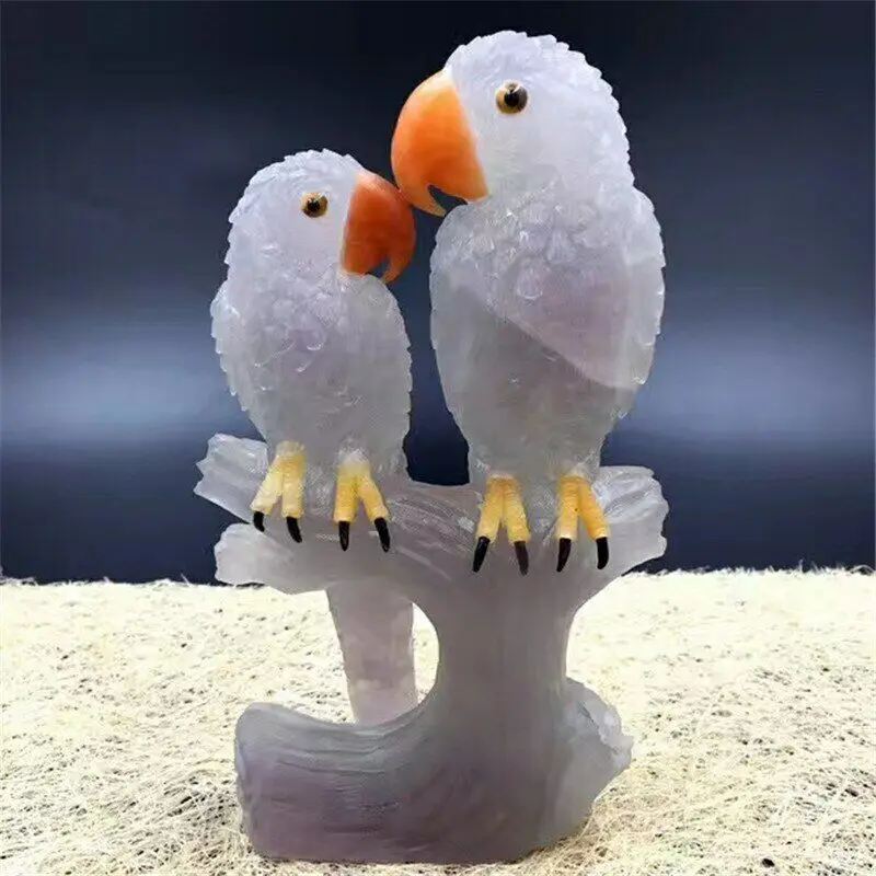 

1pc Natural Rainbow Fluorite Parrot couple carving decor healing Home Decor
