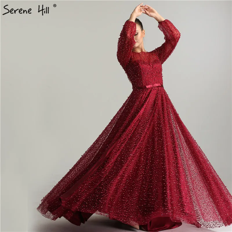 Женское платье для выпускного вечера Бордовое с длинным рукавом и разрезом сбоку