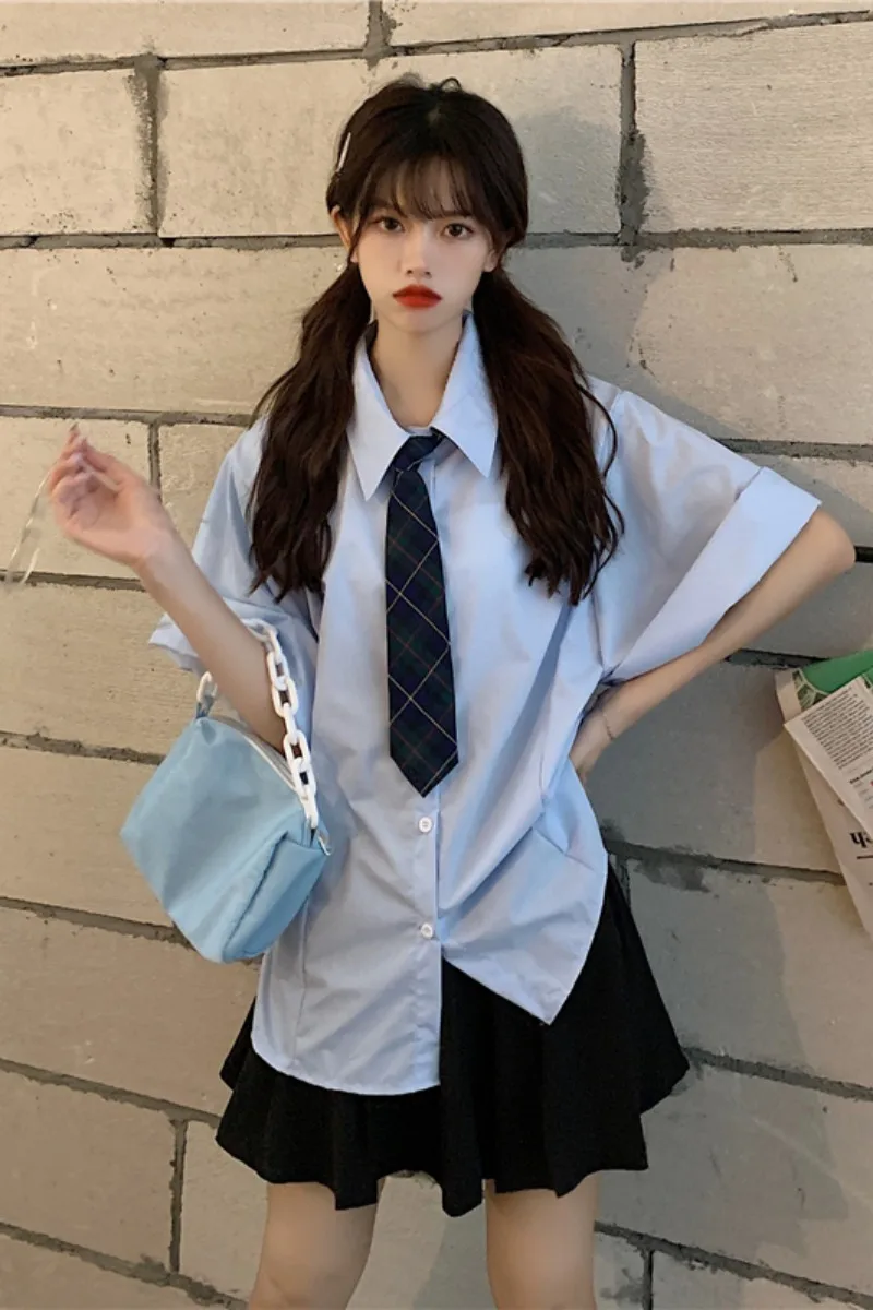 

Japanese Fashion Loose Polo Collar Plaid Necktie Student Slim Bell Sleeve Shirt Women's Shirt Summer School Girl Uniform