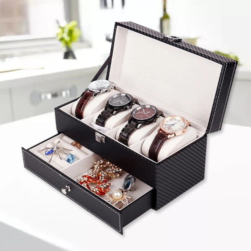 Carbon Fiber Double-layer 4 Grids Double Layers Watch Storage Box Case PU Watch Jewelry Necklace Rings Earring Organizer Box