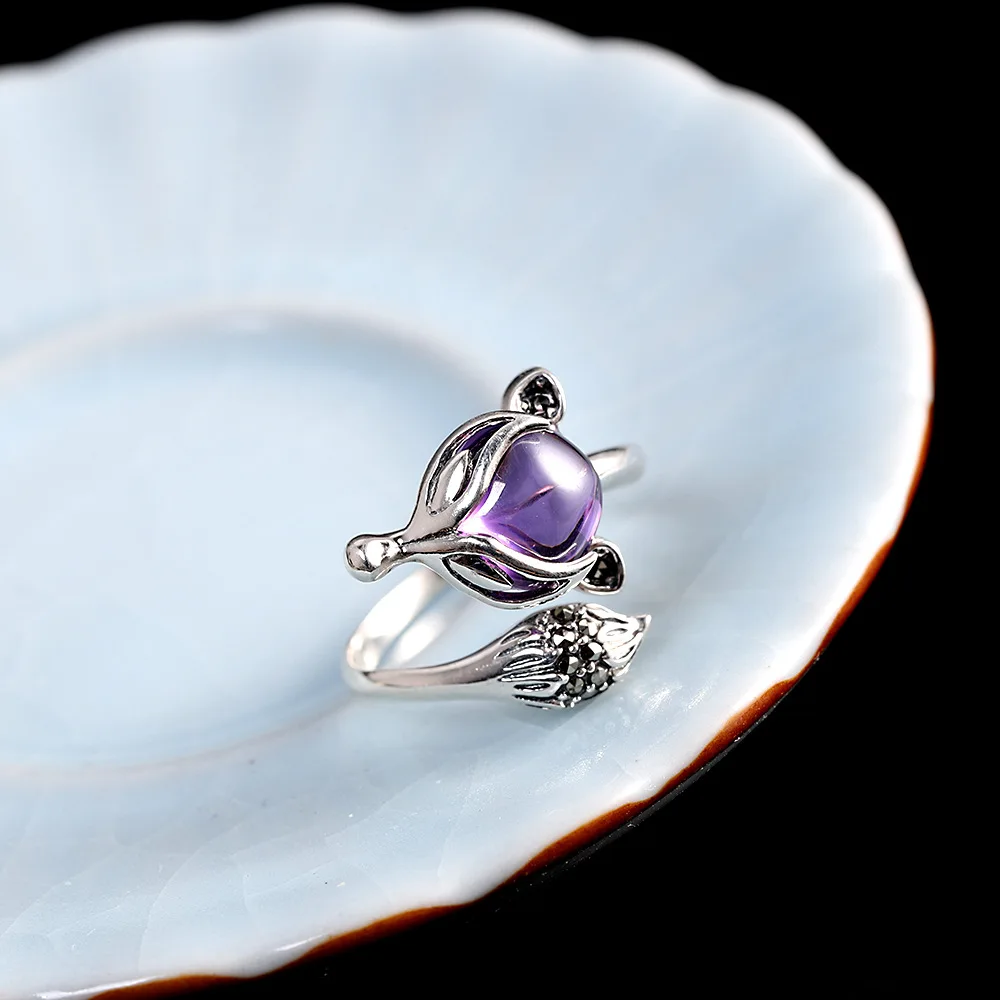 

Cute Female Small Fox Animal Ring 100% Real Sterling Silver Wedding Ring Purple Amethyst Open Engagement Rings For Women