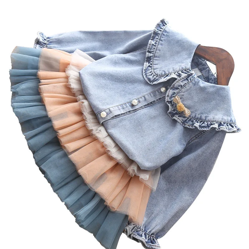 Детская одежда осень 2019 для маленьких девочек джинсовая рубашка + юбка комплект