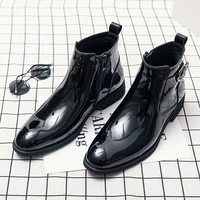 leather men ankle boots high quality brand patent leather casual shoes fashion black solid big size men boots 37 45