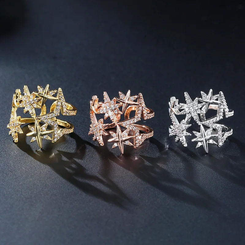 Трендовые кольца с кубическим цирконием три цвета Звездные Кольца двухслойные