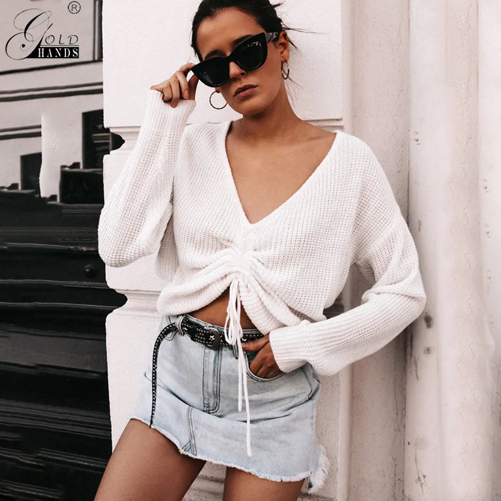 Gold Hands 2019 Sexy Fold Drawstring Solid Sweaters for Women Autumn Loose Knitted Outwear Casual V Neck Sweater Pullovers | Женская