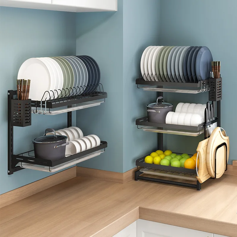 Черная полка для посуды из нержавеющей стали напольная слива кухонная хранения