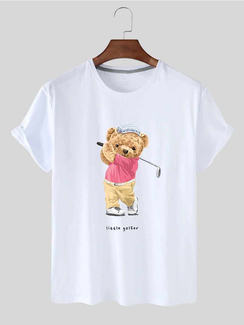 

Summer Creative Personality Anti-Wrinkle Lovely Cartoon Golf Bear Printing Pure Color Short Sleeve Round Neck T-shirt Woman