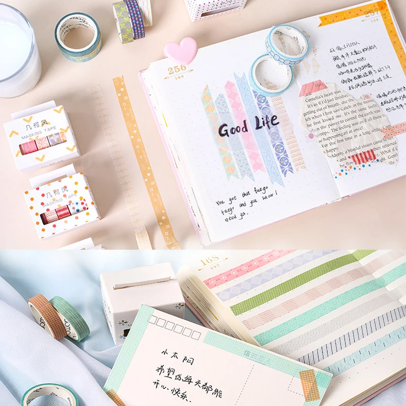 5Pcs/Set Grid Washi Tape Kawaii Decorative Adhesive Tape Thin Striped Masking Tape For Stickers Scrapbooking DIY Stationery Tape