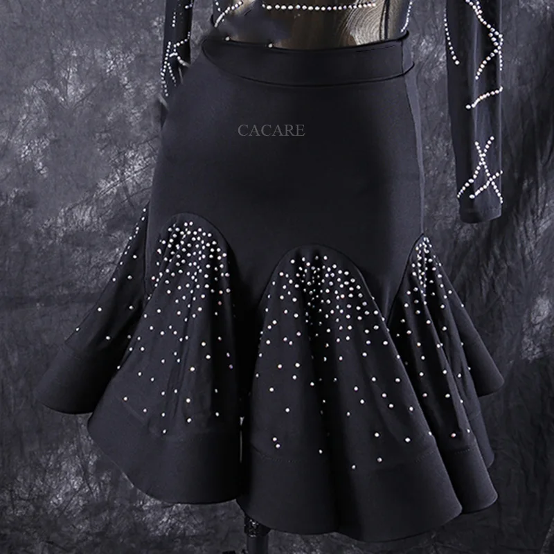 Latin Dance Skirt Shinny for Women Girls Ruffled Hem with Rhinestones Salsa Fringe Tango Dress Dancing Black D0383 CACARE | Тематическая