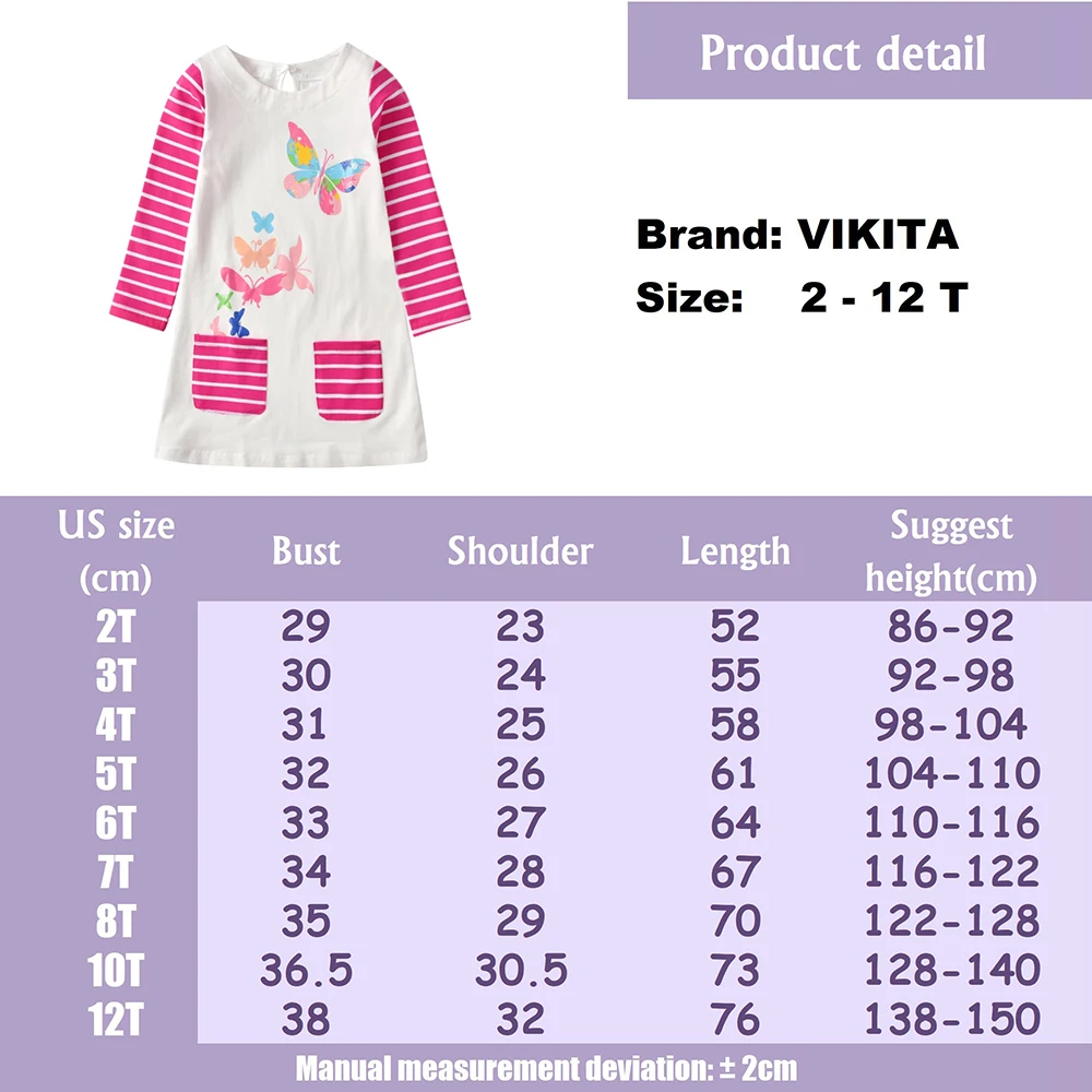 VIKITA-vestido informal a rayas con bolsillos para ni&ntilde;as, ropa de algod&oacute;n para ni&ntilde;os de 3 a 12 a&ntilde;os, con estampado de mariposa-5