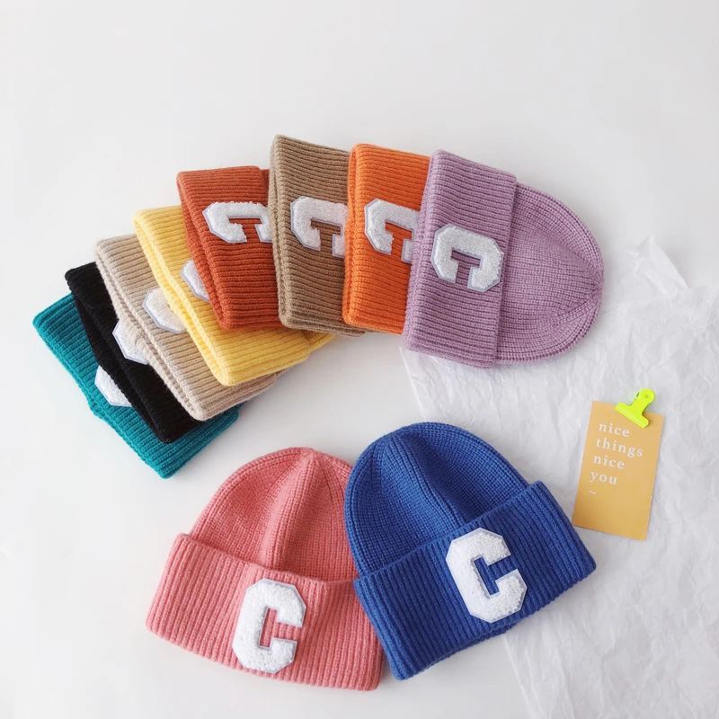 Autumn Winter Baby Beanies Letter C Pattern Kids Boys Girls Knitted Hats Soft Thicken Warm Children Caps 10 Colors