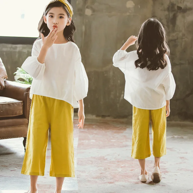

Baby Girls Korean Fashion Teenagers Solid Color Casual Loose Style Shirts and Wide Leg Pants 2pcs Outfits Children Clothing Sets