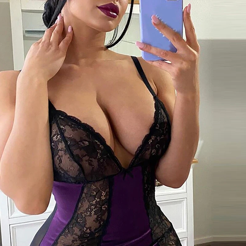 

2021 Lady Sexy Deep V-neck Lace Patchwork Mini Bandage Dress Summer Spaghetti Strap Mesh See-through Skinny Women Bow Dress