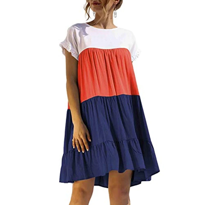 

Women's Color Block Crewneck Babydoll Mini Dress Short Sleeve Ruffles Pleated Loose Swing Tunic Dress