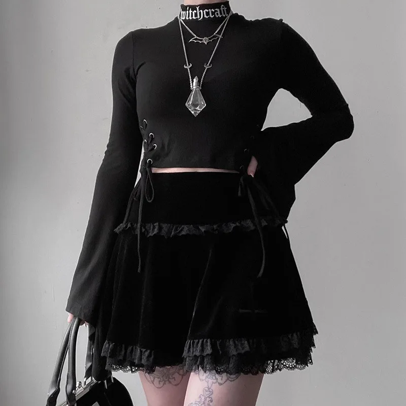 

Connector Dark Gothic Series Dark Design Cross-embroidered Lace Skirt 2022 New High Waist New Skirt for Women Sac Luxe Femme