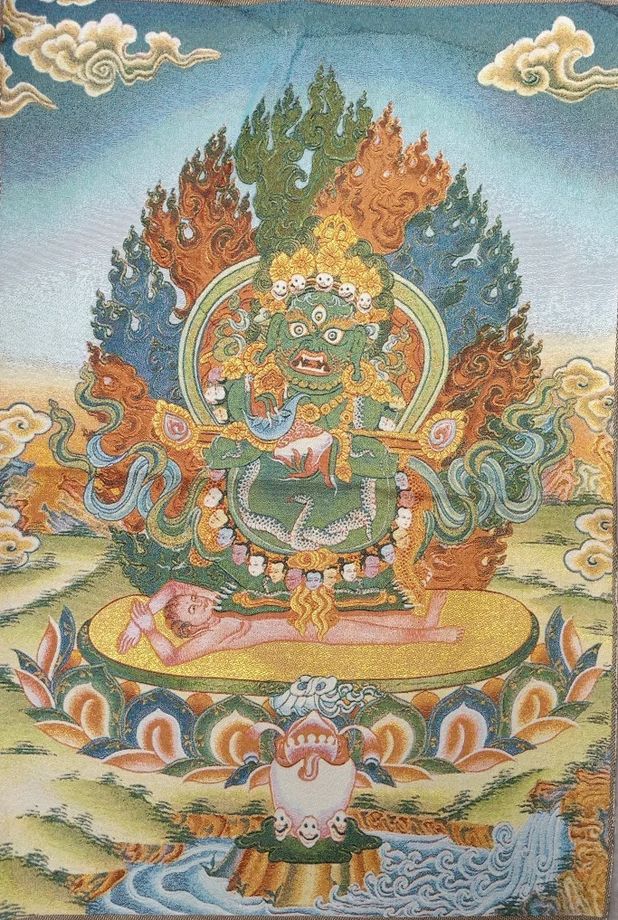 

36" Tibet Tibetan Embroidered Cloth Silk Buddhism Mahakala Wrathful Deity Tangka Thangka Mural Buddha Home Decor