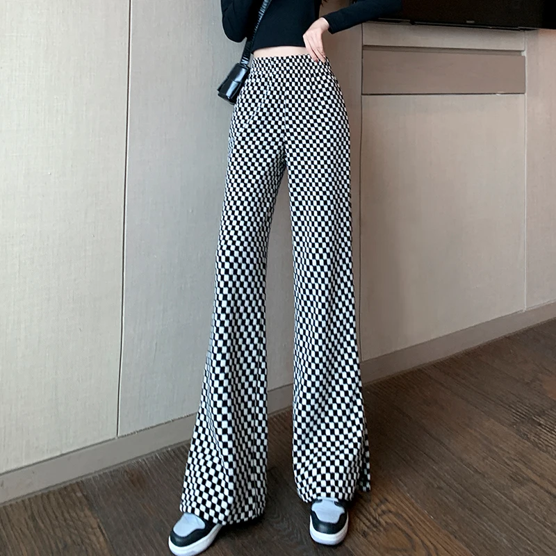 

New 2021 Checkerboard Jacquard Woven Plaid Velvet High Waist Slim Straight Tube Wide Leg Pants Loose Casual Pants
