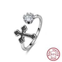 kiss mandy real 925 sterling silver black cross finger ring for women round clear zircon rock party female jewelry ksr130
