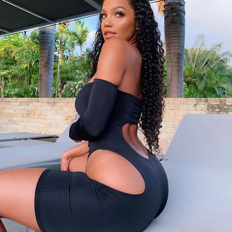 

Women Sexy Playsuits Bodysuits 2020 Summer Female Hollow One Shoulder Single Strap Sleeve Solid Black Bodycon Homewear
