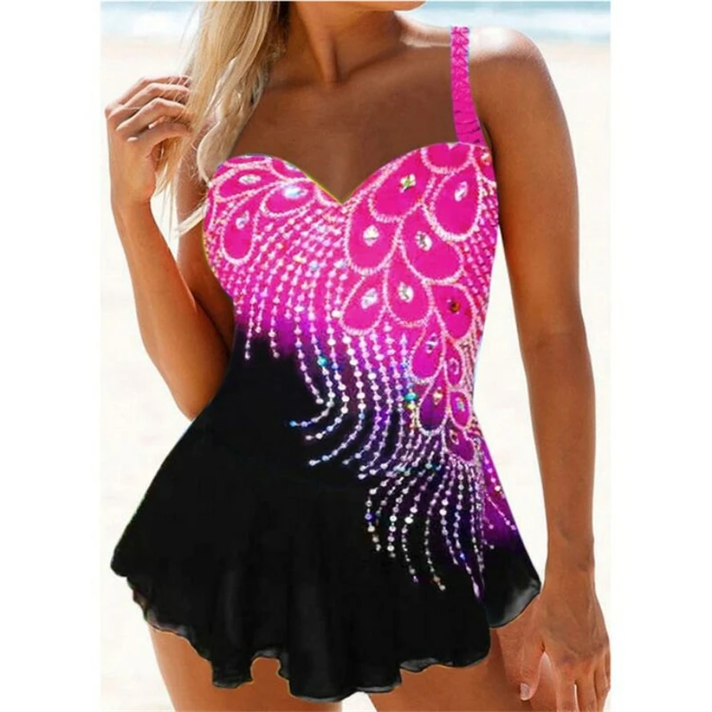

Plus Size Swimwear 2021 Sexy Split Beach Dress Print Push Up Diamond Feather Contrast Colour Swimming Suit for Women