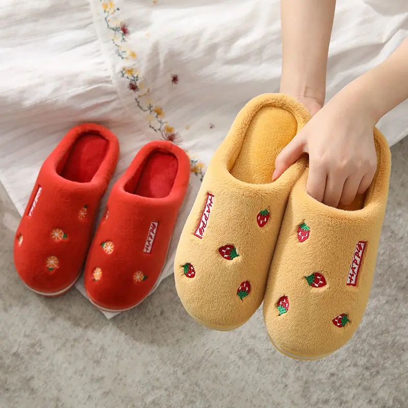 

Fruit Cotton Slippers Female Winter Warmth Home Indoor Silent Non-slip Couple Fur Slippers Male Winter Zapatos De Mujer 2021