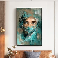 watercolour abstract woman portrait with green veil canvas painting poster and print wall art picture for living room home decor