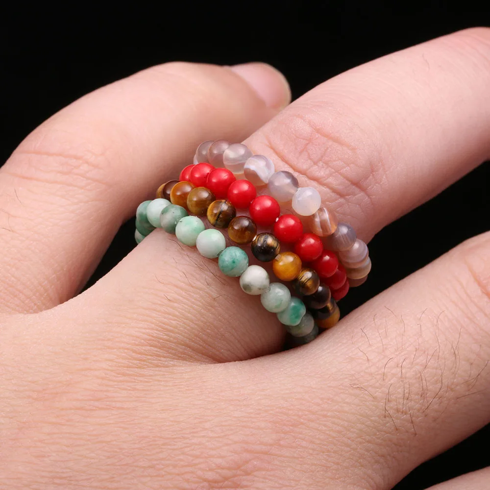 

Natural Stone Beads Rings 3mm Crystal Round Strand Finger Ring Handmade Creative Band Ring Women Men Party Jewelry