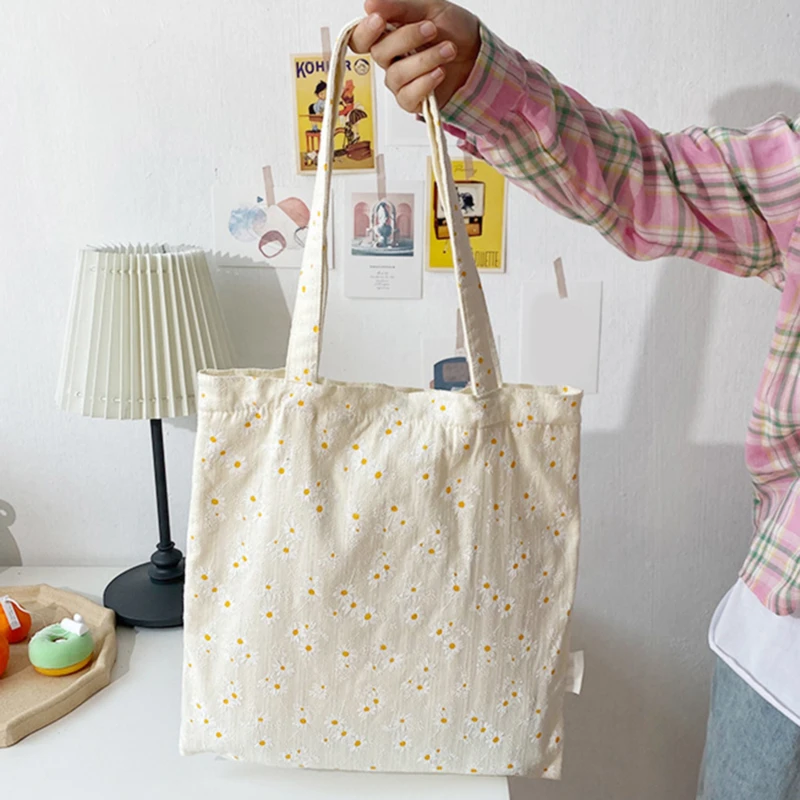 2020 Women Large Capacity Canvas Bags Eco Reusable Shopping Little Daisies Shoulder Girls Students Casual Handbag Tote | Багаж и сумки