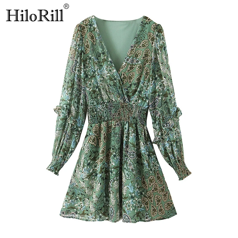 

HiloRill женское винтажное ТРАПЕЦИЕВИДНОЕ мини-платье с цветочным принтом и оборками, вечернее платье с длинным рукавом, женское повседневное ...