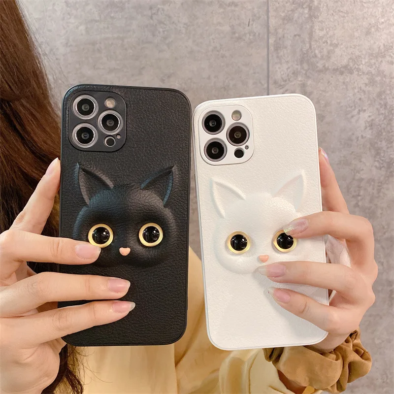 

Black Cat iPhone 12 mini 12 Pro Max 6 7 8 Plus XR XS Max 11 Pro Max SE 2020 3D stereo cat emoticon cute mobile phone case Casing
