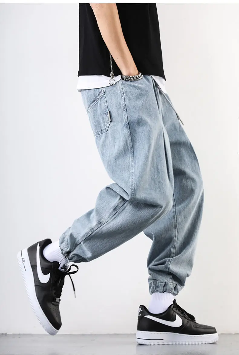 Autumn Men's Jeans Ankle-Tied Fashion Baggy Jeans High Street Elastic Waist Capri Trendy Retro Distressed Jeans Hip Hop Pants