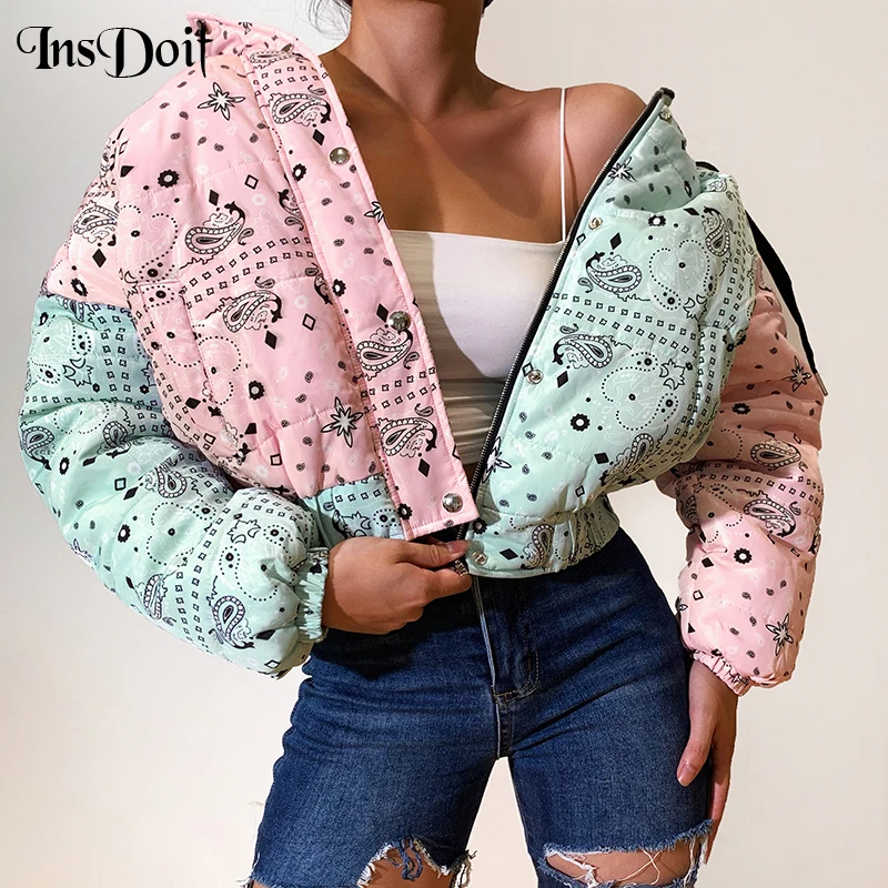 

InsDoit Harajuku Vintage Print Winter Crop Hoodie Coat Goth Clothes Streetwear Drawstring Crop Top Punk E Girl Cotton Warm Coats