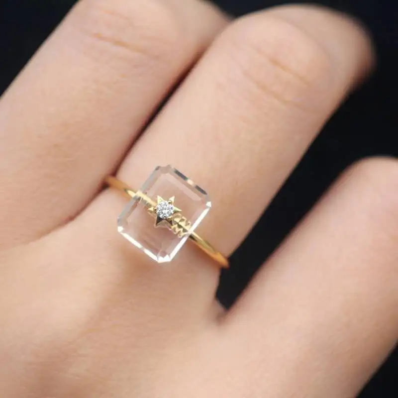 Buy Original diamond-studded rectangle unique opening adjustable ring transparent geometric elegant high-end retro ladies jewelry on