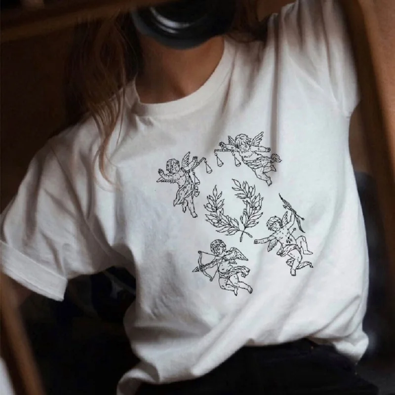 Женская футболка с короткими рукавами Angel Painting Повседневная Свободная высоким