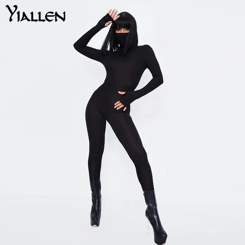 

Yiallen Fashion Fitness Solid Black Zip Up Turtleneck Skinny Bodycon Jumpsuits With Mask For Women Spring Casual Streetwear 2021