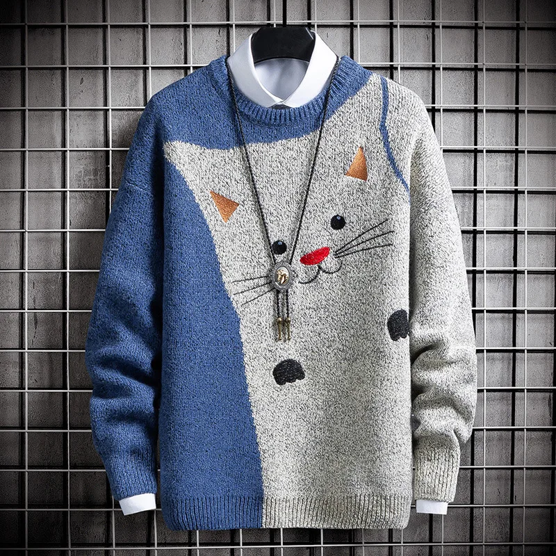 

Drop shipping Men Cartoon Cat Sweater Brand fashion Pullover Mens O-Neck stripe Slim Fit Knitting fashion Sweater Men Pullover