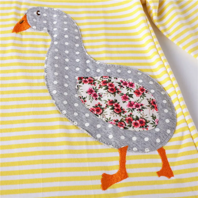 Jumping meters Top Brand Animals Applique Stripe Princess Girls Long Sleeve Dresses for Autumn Spring Duck Baby Dress | Детская одежда
