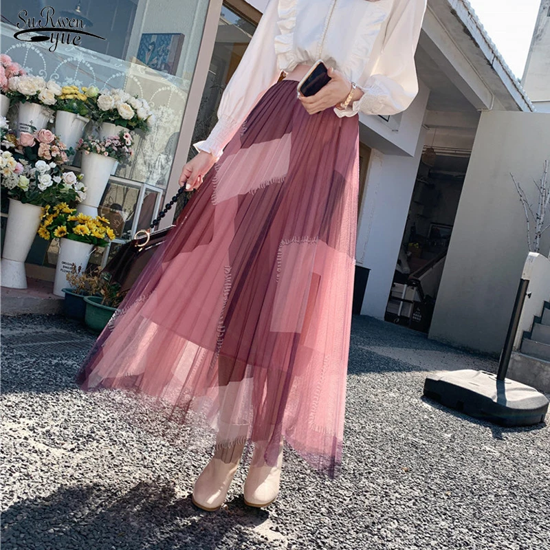 

Multicolor Splice Mesh Stitching Pleated Skirt Spring Slim Fit A-line Fairy Skirt Casual Elegant Patchwork Cake Skirts 18384