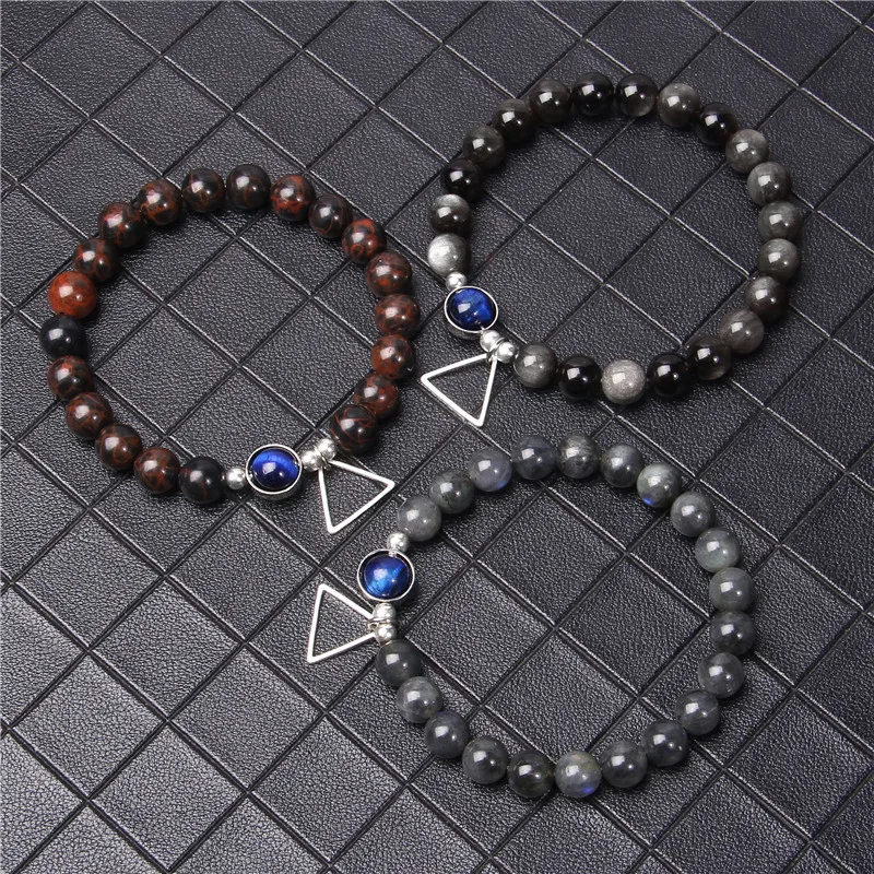 

Fengshui Bracelets Fashion Hollow Triangle Charm Bracelet Polished 8 mm Silver Color Obdisian Stone Beads Bangle Women Jewelry