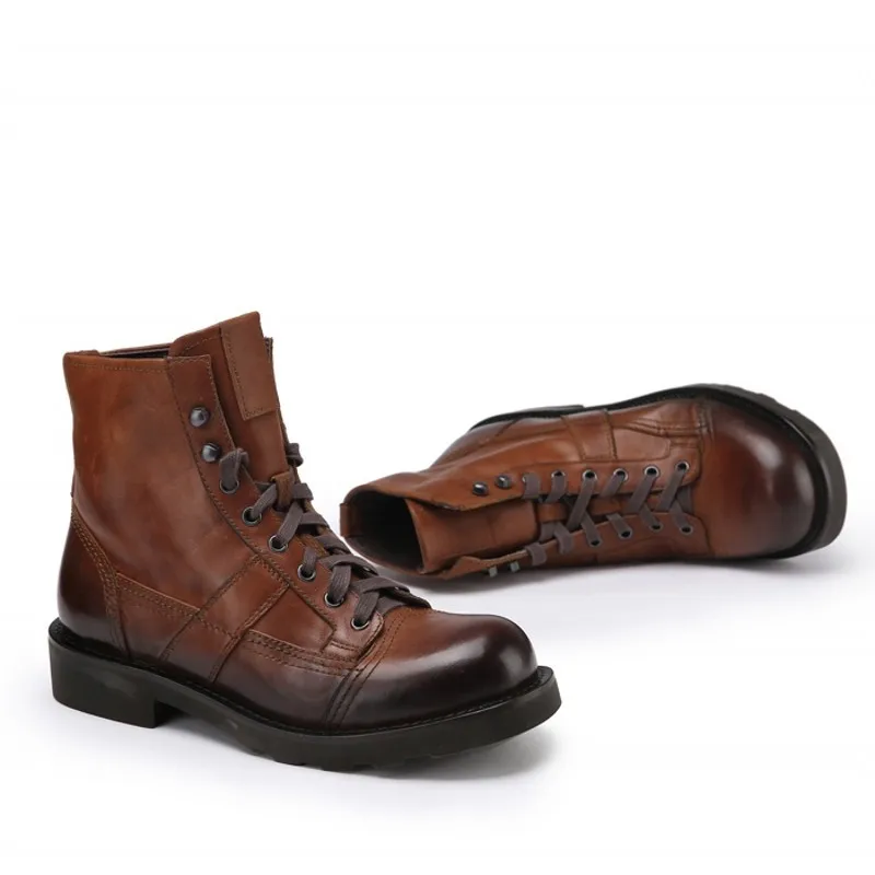 Retro Luxury Brand Fleece Liner Round Toe Snow Boots Men Genuine Leather Winter Warm Military Mid-Calf High Quality Shoes | Обувь