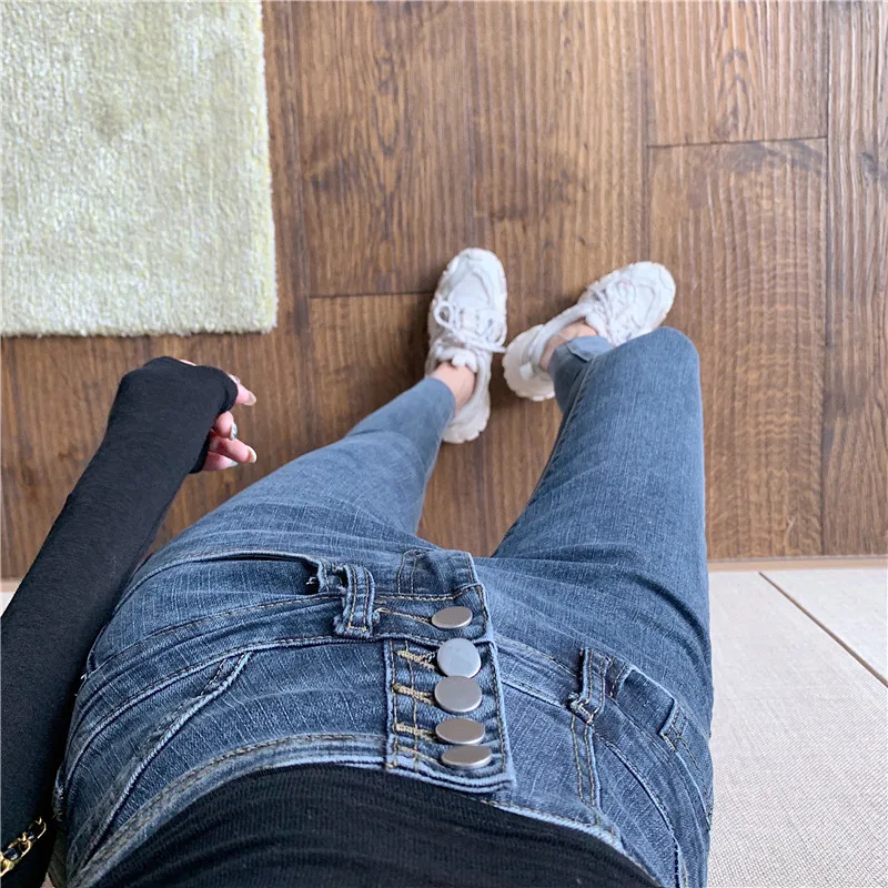 

Korean chic tunic jeans women Fashion hight waist elasticiry pencil denim pants female 2021 new spring angle-length pants KZ1001