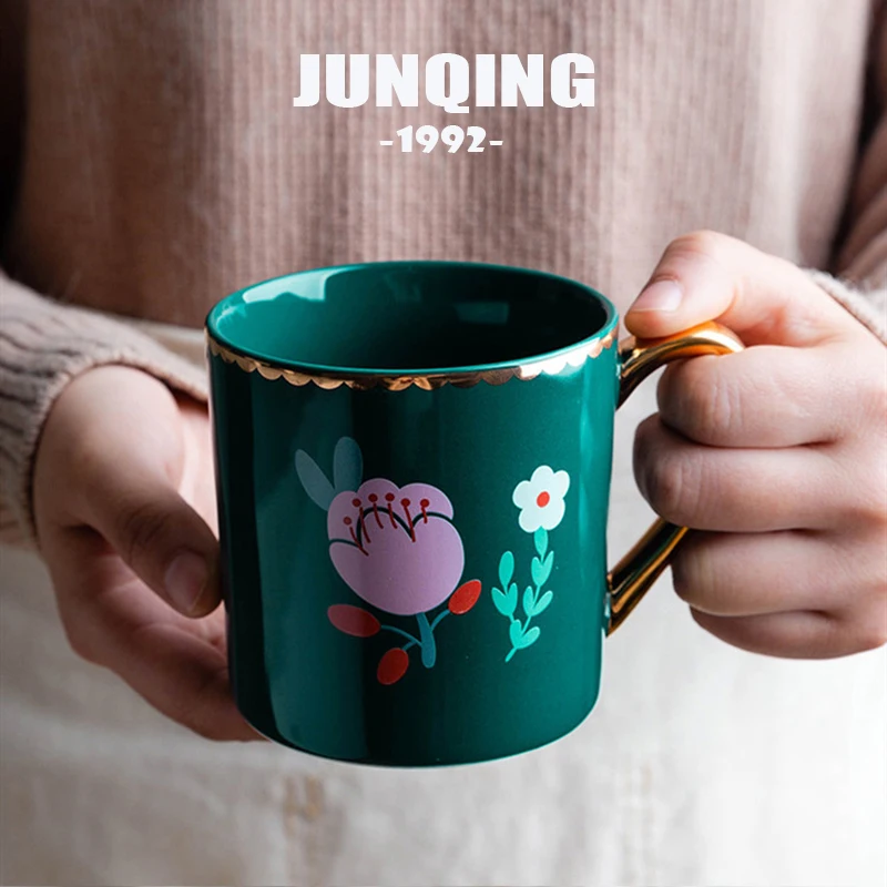 

JUNQING 390ml Hand Painted Flower Ceramic Mugs with Gold Handle Milk Coffee Cup Office Home Drinkware Microwave Oven Cups