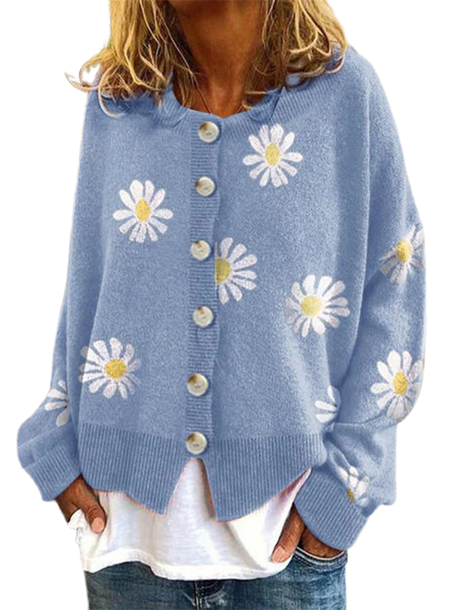 

Свитер с принтом оранжевых маргариток, зимний теплый кардиган на пуговицах с длинным рукавом, Женский Повседневный свободный свитер, верхн...