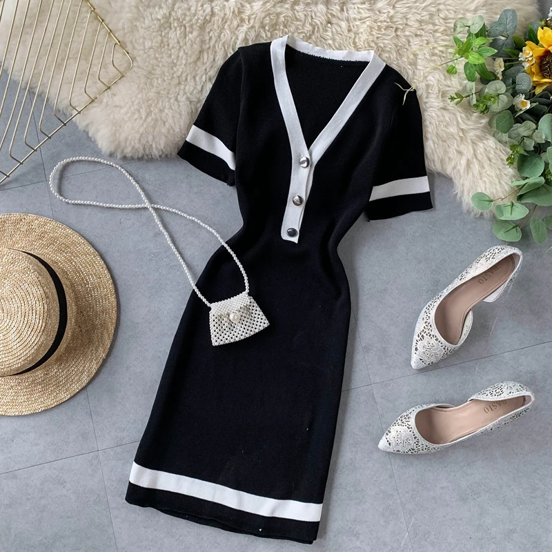 Женское облегающее платье свитер повседневное с короткими рукавами и v образным