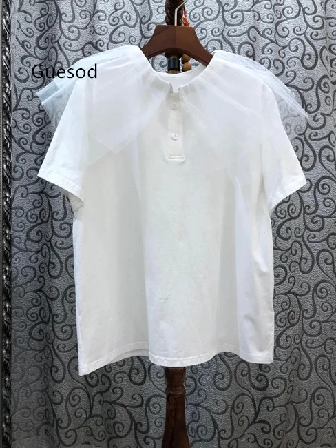 

Women Cotton Top 2020 Spring Summer Female O-Neck Mesh Patchwork Decoration Short Sleeve Solid Color All Match Top New Guesod