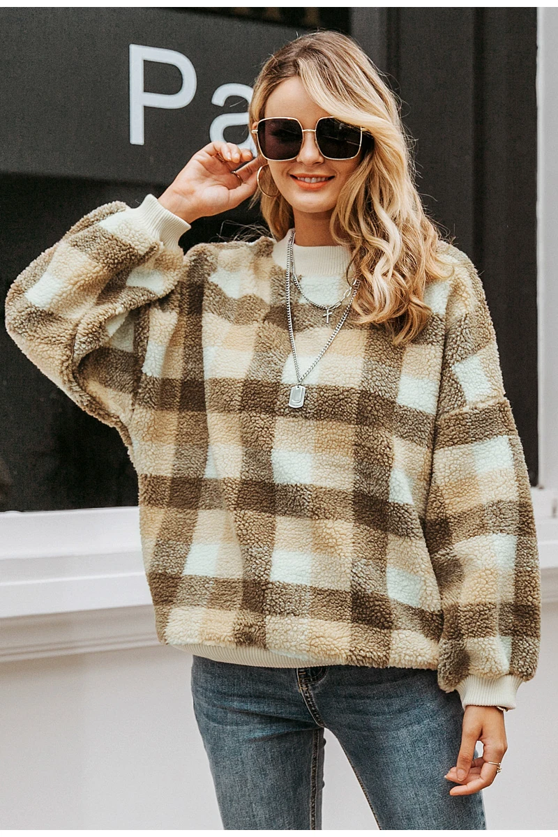 Simplee Casual lambswool plaid women hoodies sweatshirts O neck pullover loose female sweatshirt Autumn winter ladies warm coat
